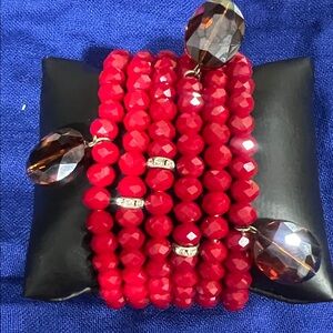 Red Faceted Bead Stretch Bracelet Set with Brown Crystal Accents